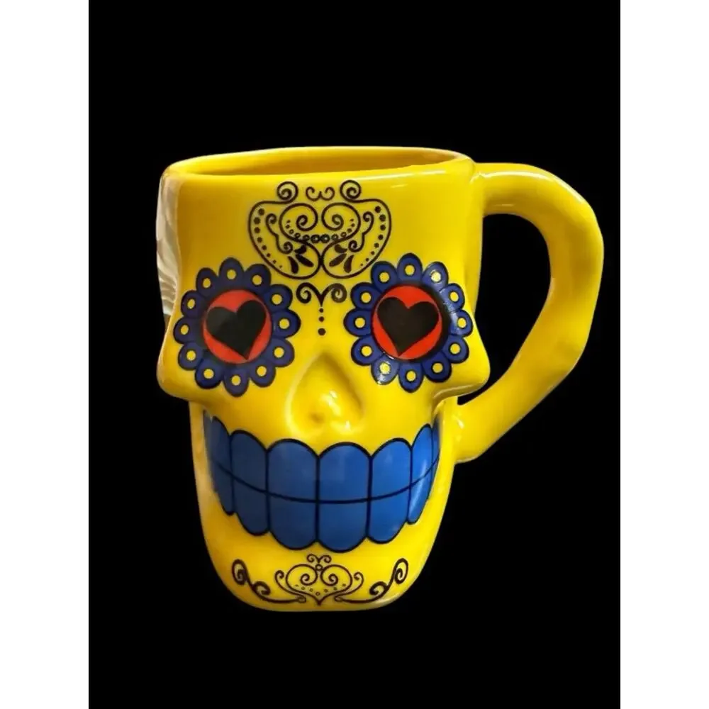 Yellow Sugar Skull Ceramic Mug with Blue and Red Accents